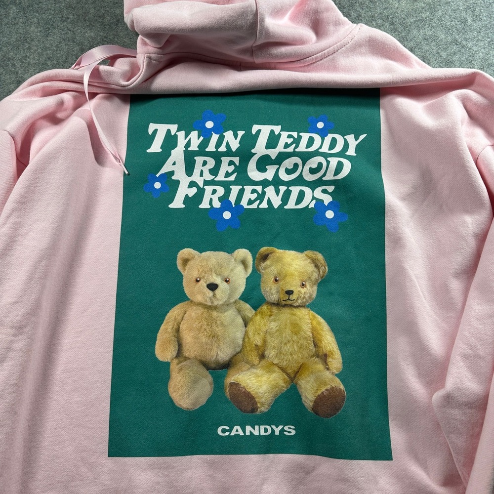 Candy Stripper Hoodie Women 2 Pink Twin Teddy Bear Graphic Ribbon Drawstring